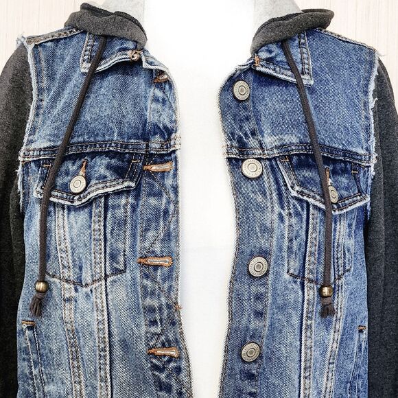 Aeropostale Fleece Hooded Jean Jacket Women's XS Denim Blue/Gray Button Front - Picture 3 of 12
